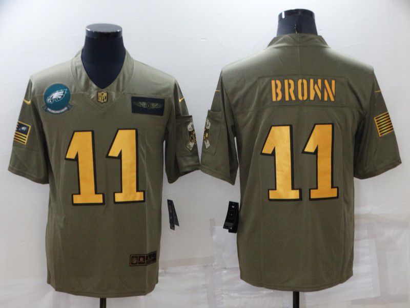 Men Philadelphia Eagles 11 Brown Gold Nike Olive Salute To Service Limited NFL Jersey